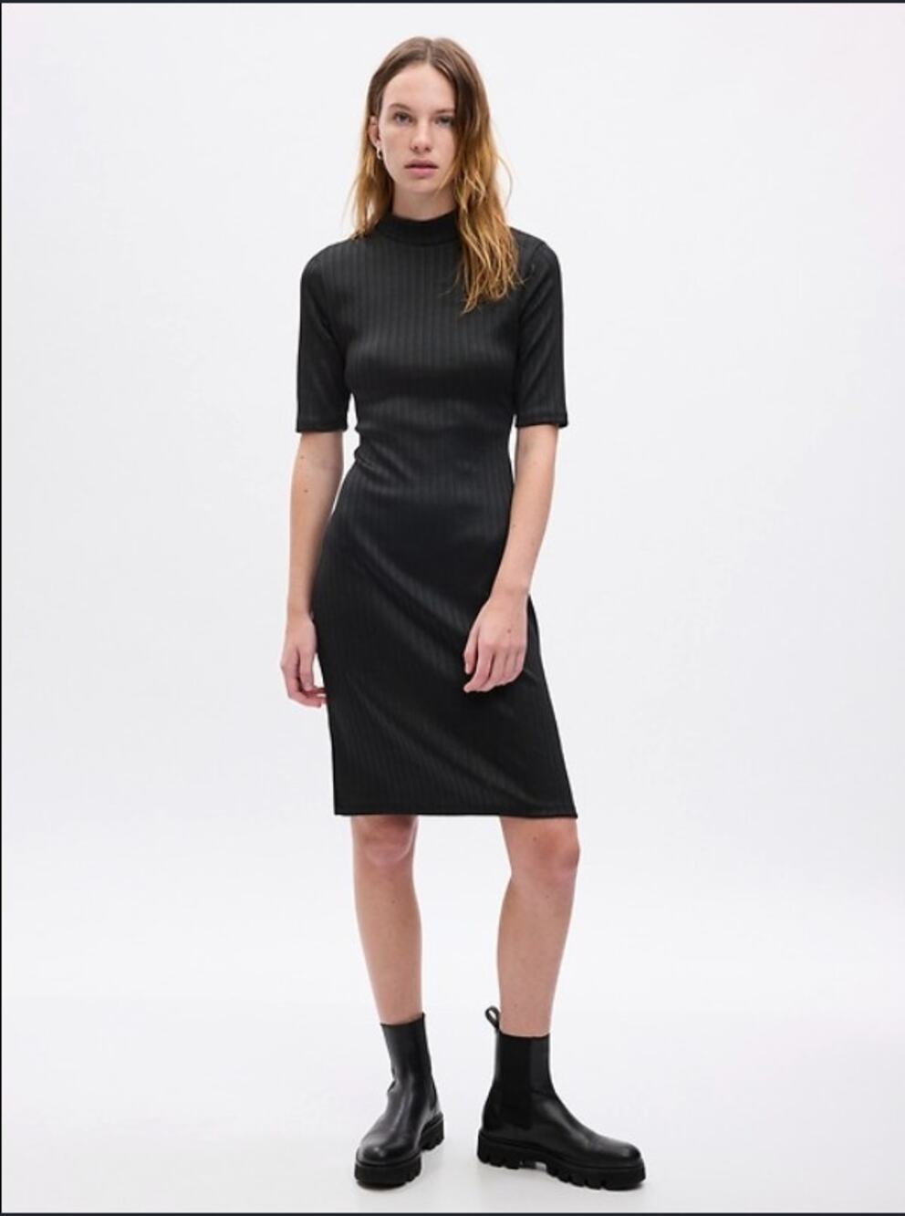GAP NWT Mockneck Black Ribbed Short Sleeve Midi Dress // XS